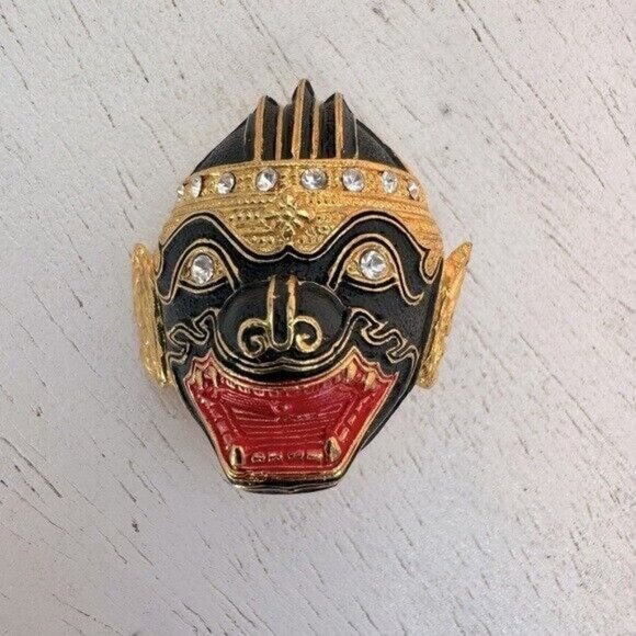 Vintage Costume Balinese Barong Mask Gold, Red & Black Tone Brooch - Picture 1 of 2